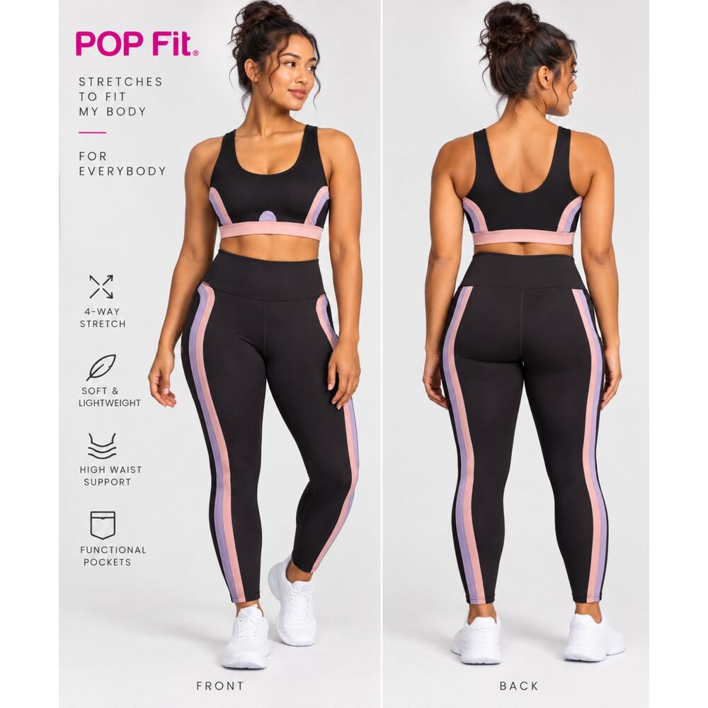 POP Fit Active Set Purple Pink Black Leggings Sports Bra XL NWT